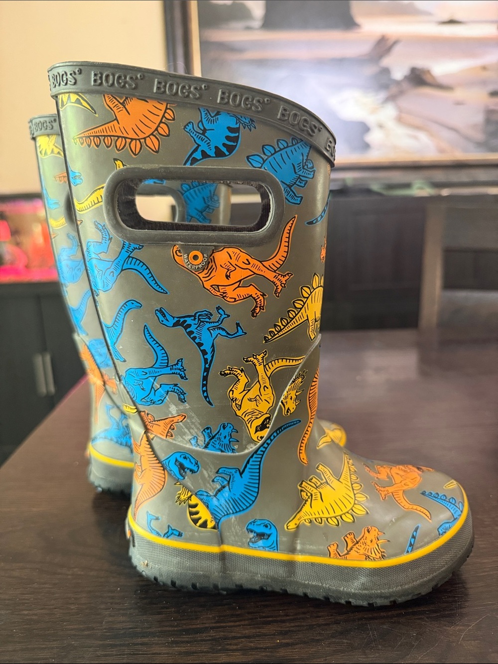 Bogs Kids Gray Rain Boots with Blue, Orange & Yellow Dinosaurs
